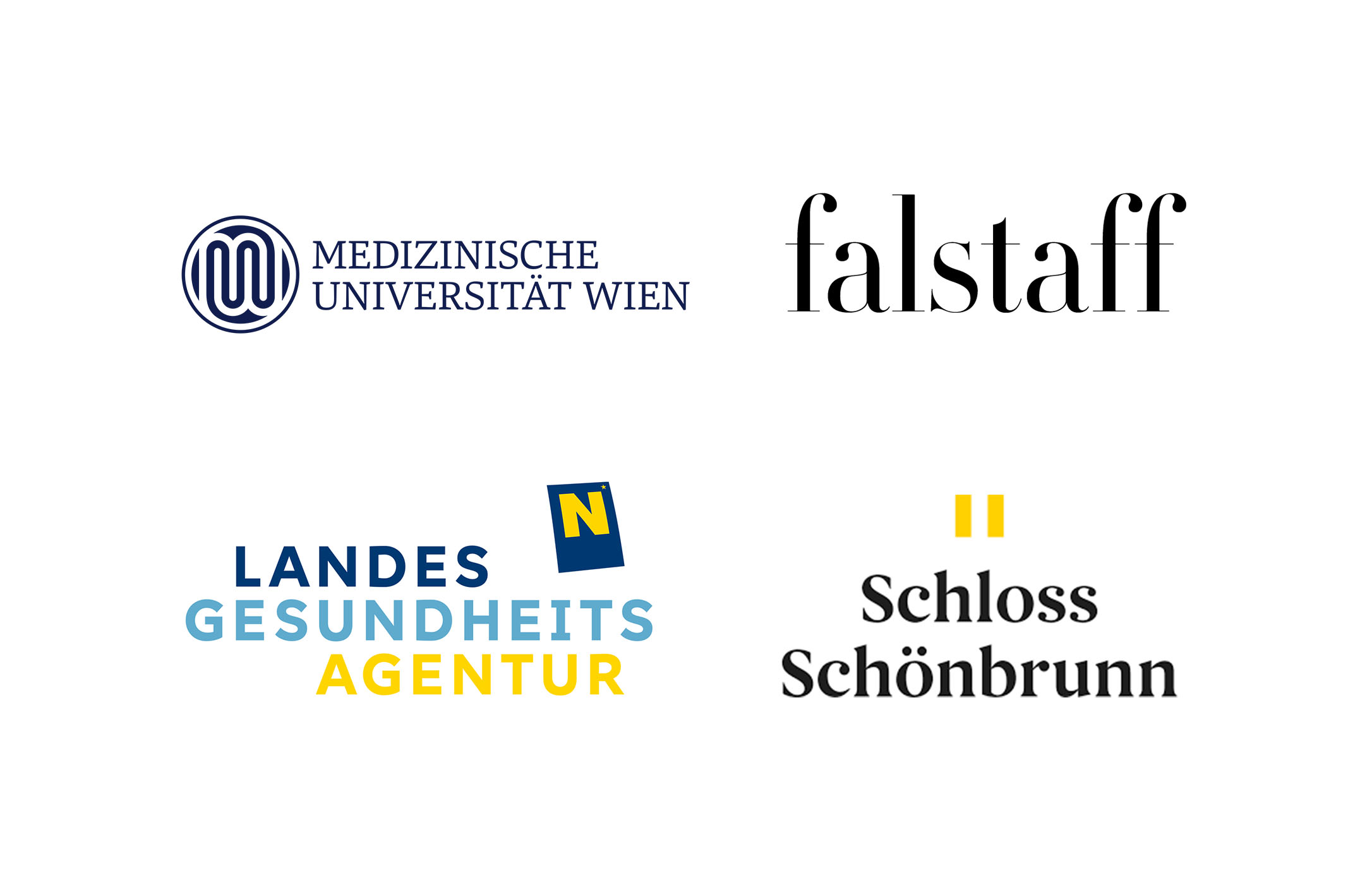 Die Logos von Meduni Wien, Falstaff, Landesgesundheitsagentur und Schloss Schönbrunn