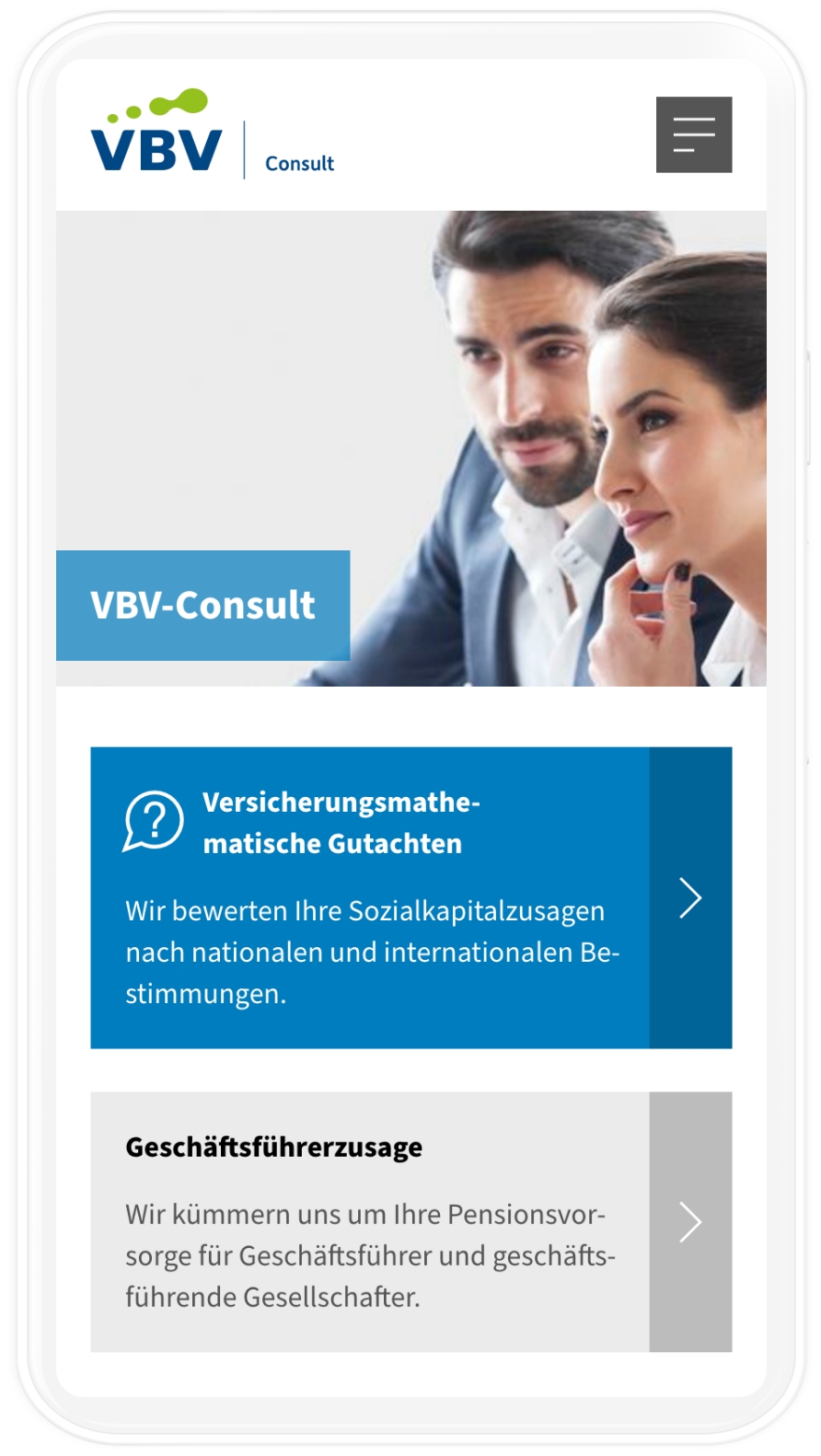 Mobile-Mockup des VBV Consult