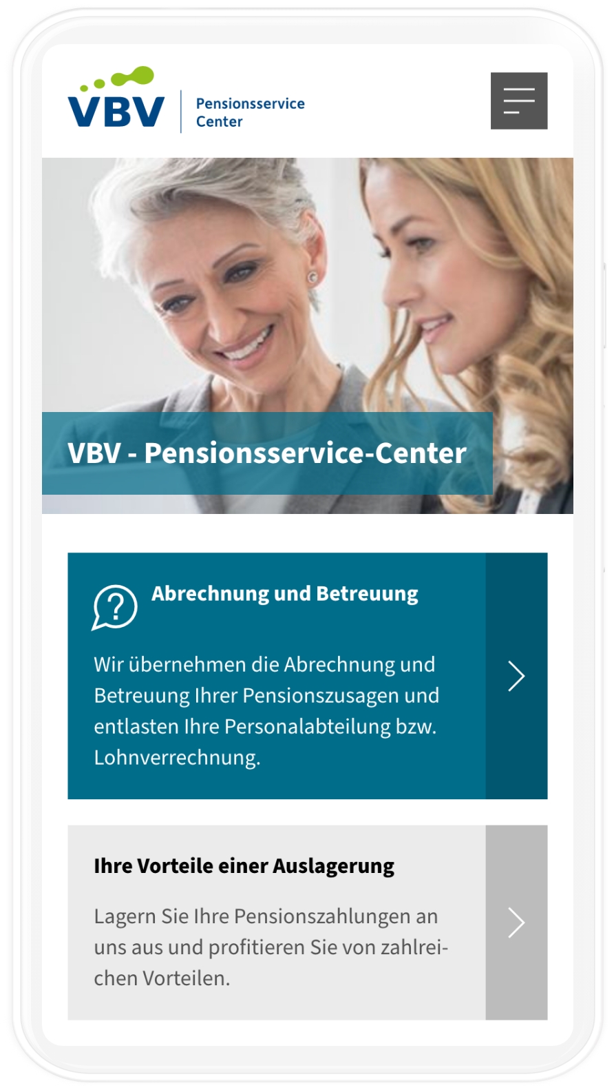 Mobile-Mockup des VBV Pensionsservice-Center