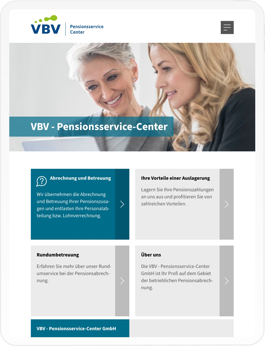 Tablet-Mockup des VBV Pensionsservice-Center
