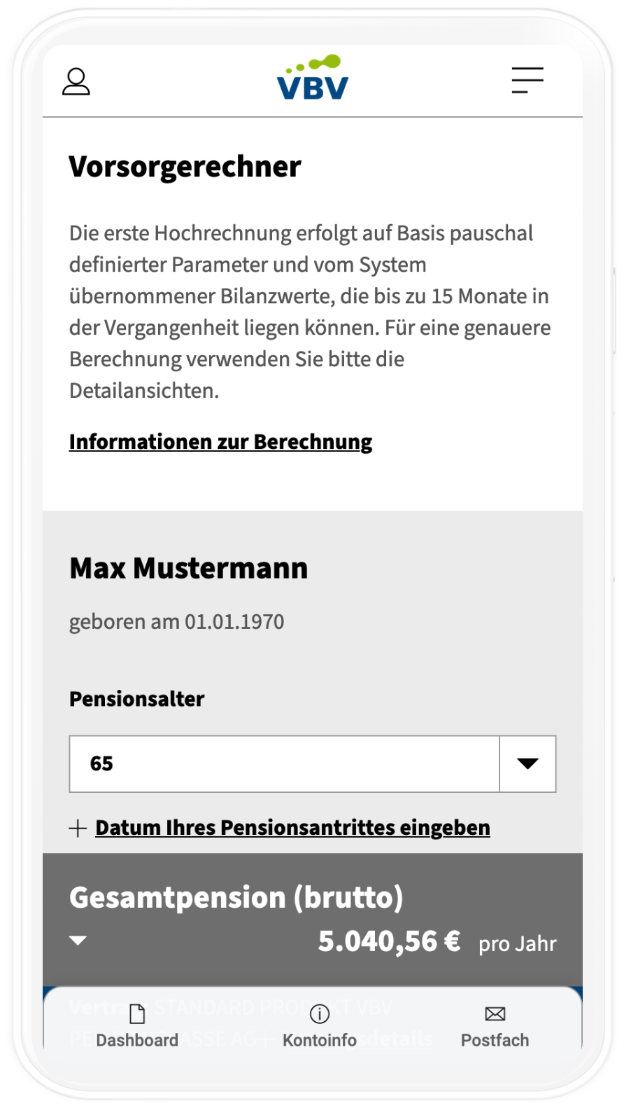 Mobile--Mockup des Vorsorgerechners der VBV Group