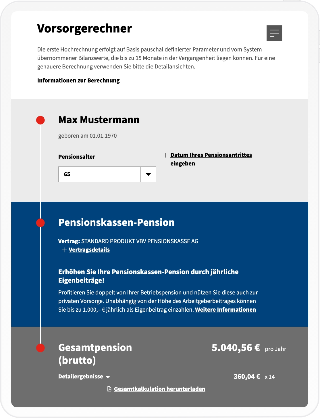 Tablet--Mockup des Vorsorgerechners der VBV Group