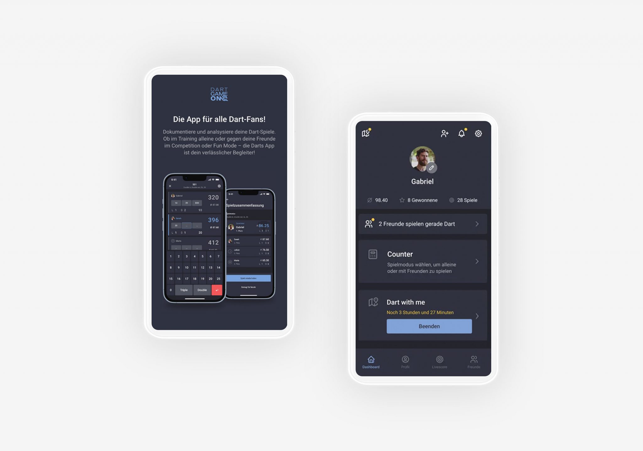 Mockups der mobilen Screens zur Landingpage und Dashboard der DartGameOn App