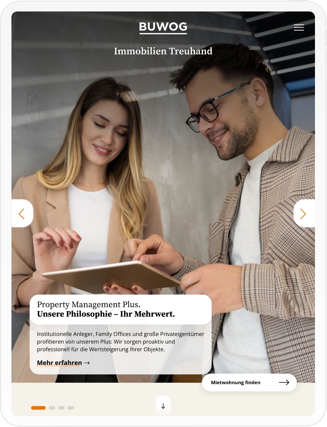 Tablet-Mockup des buwog-immobilientreuhand.de Webseiten-Viewports 