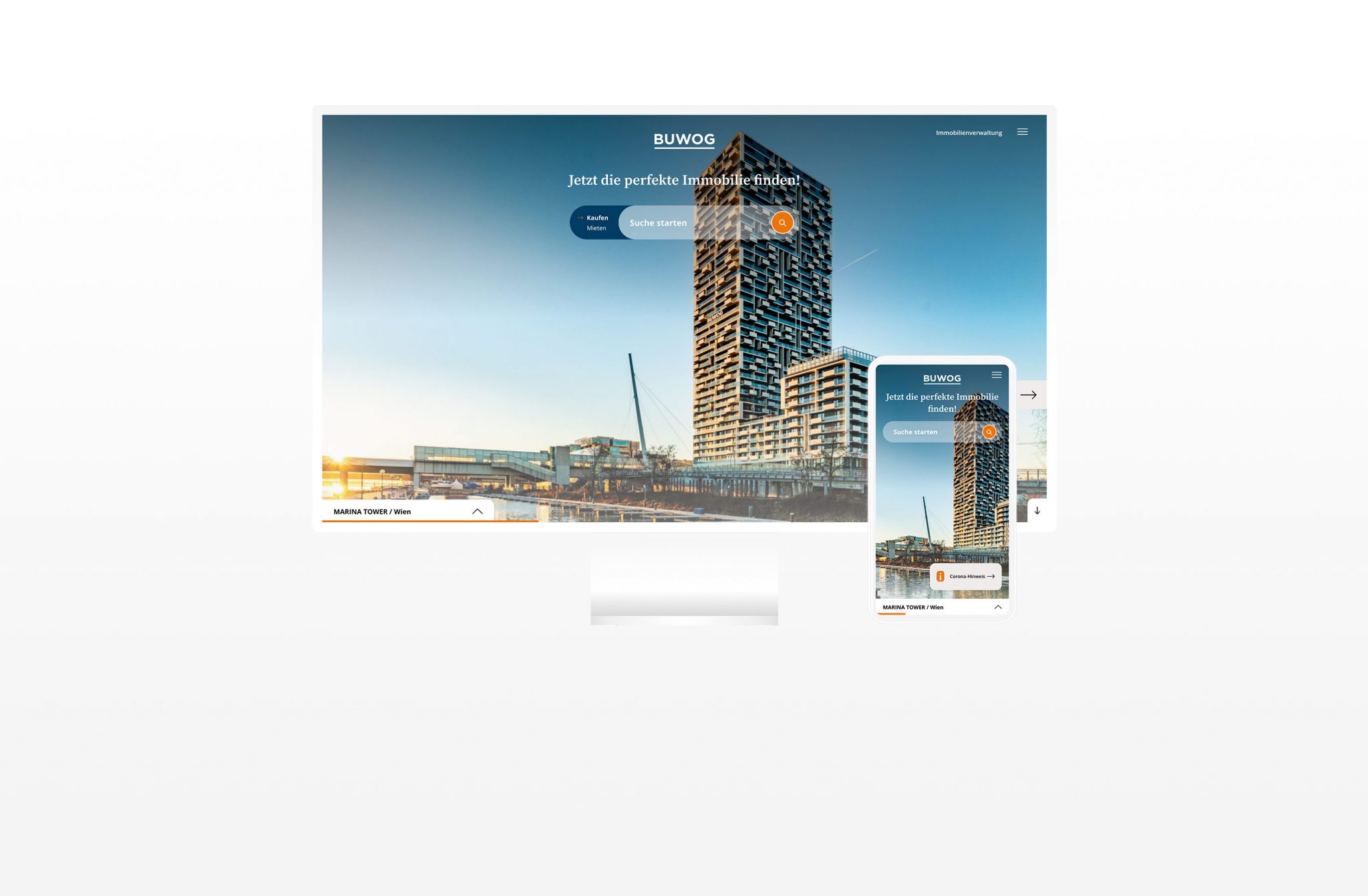Zwei Mockups im mobilen und Desktoop-Format, auf denen die BUWOG Immobiliensuche im Viewport zu sehen sind.