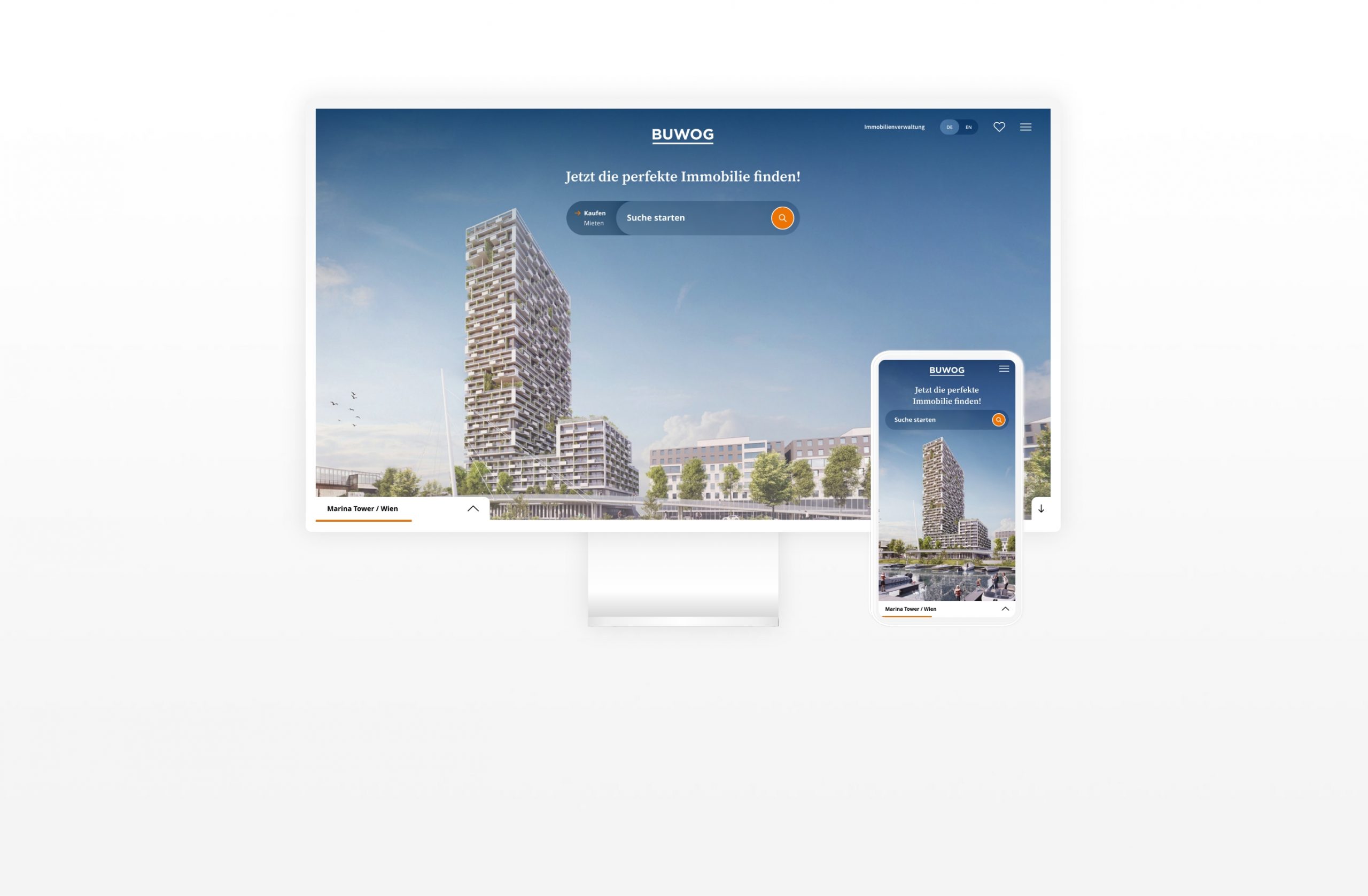 Zwei Mockups im mobilen und Desktoop-Format, auf denen die BUWOG Immobiliensuche im Viewport zu sehen sind.