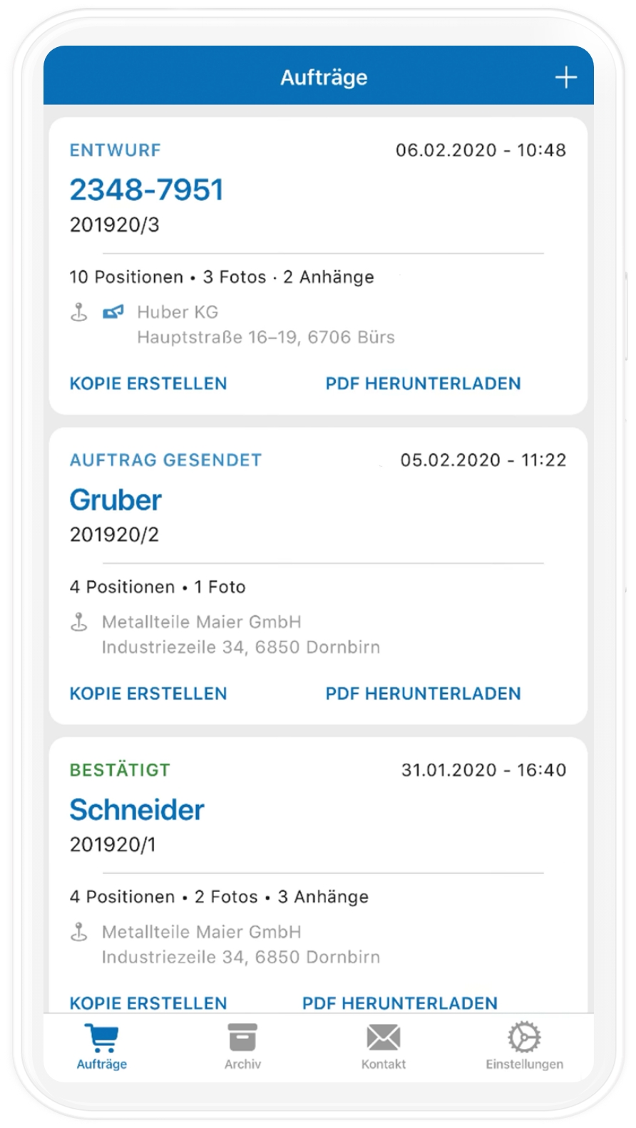 mobile mockup of order registration in the Collini app