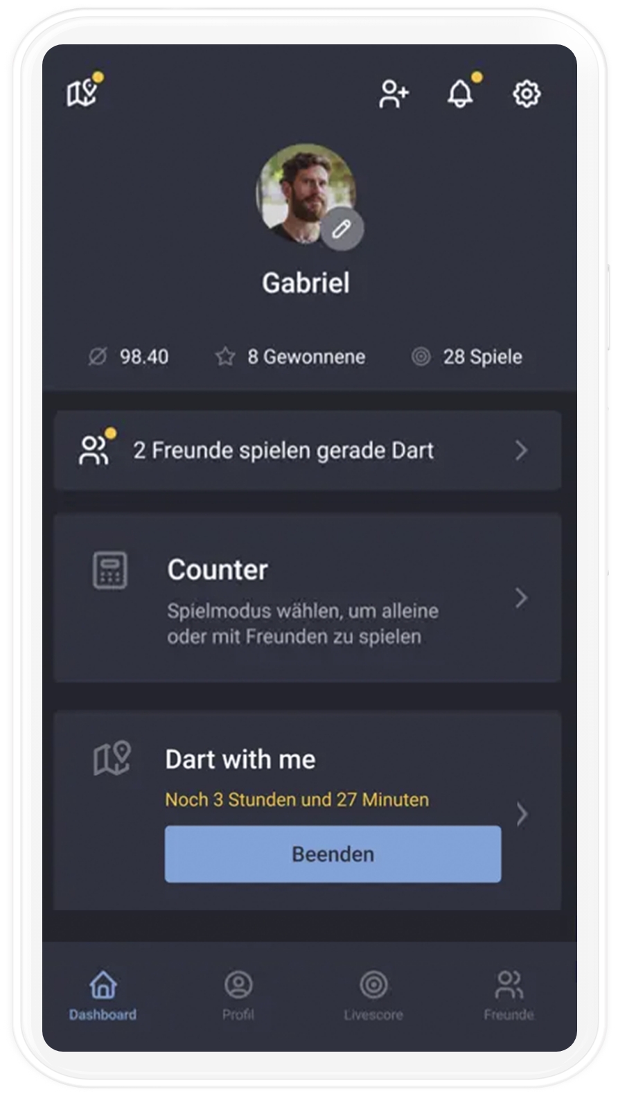 mobile mockup of the dashboard in the Dart app
