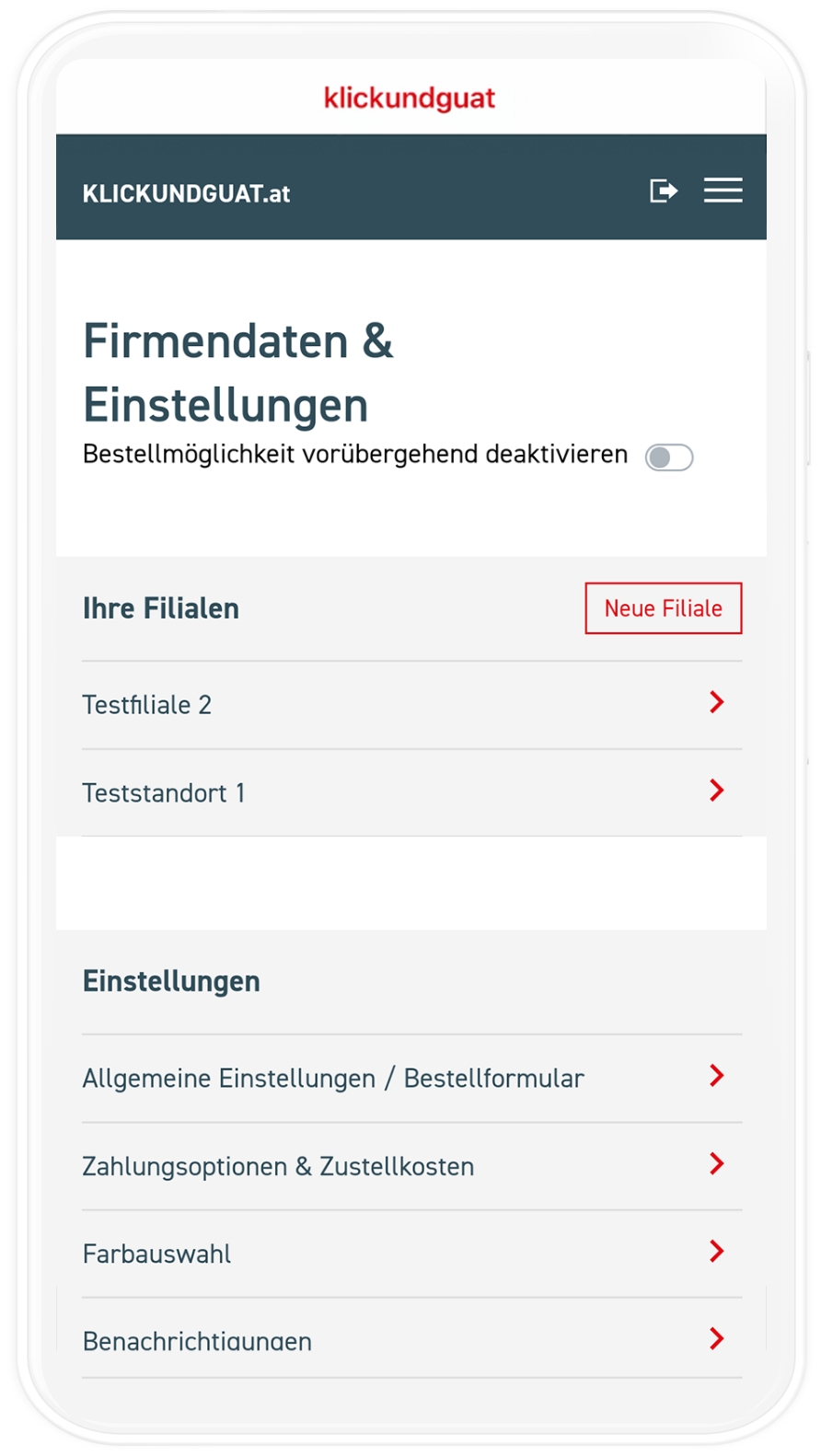 mobiles Mockup der Einstellungsmöglichkeiten in der Klickundguat App