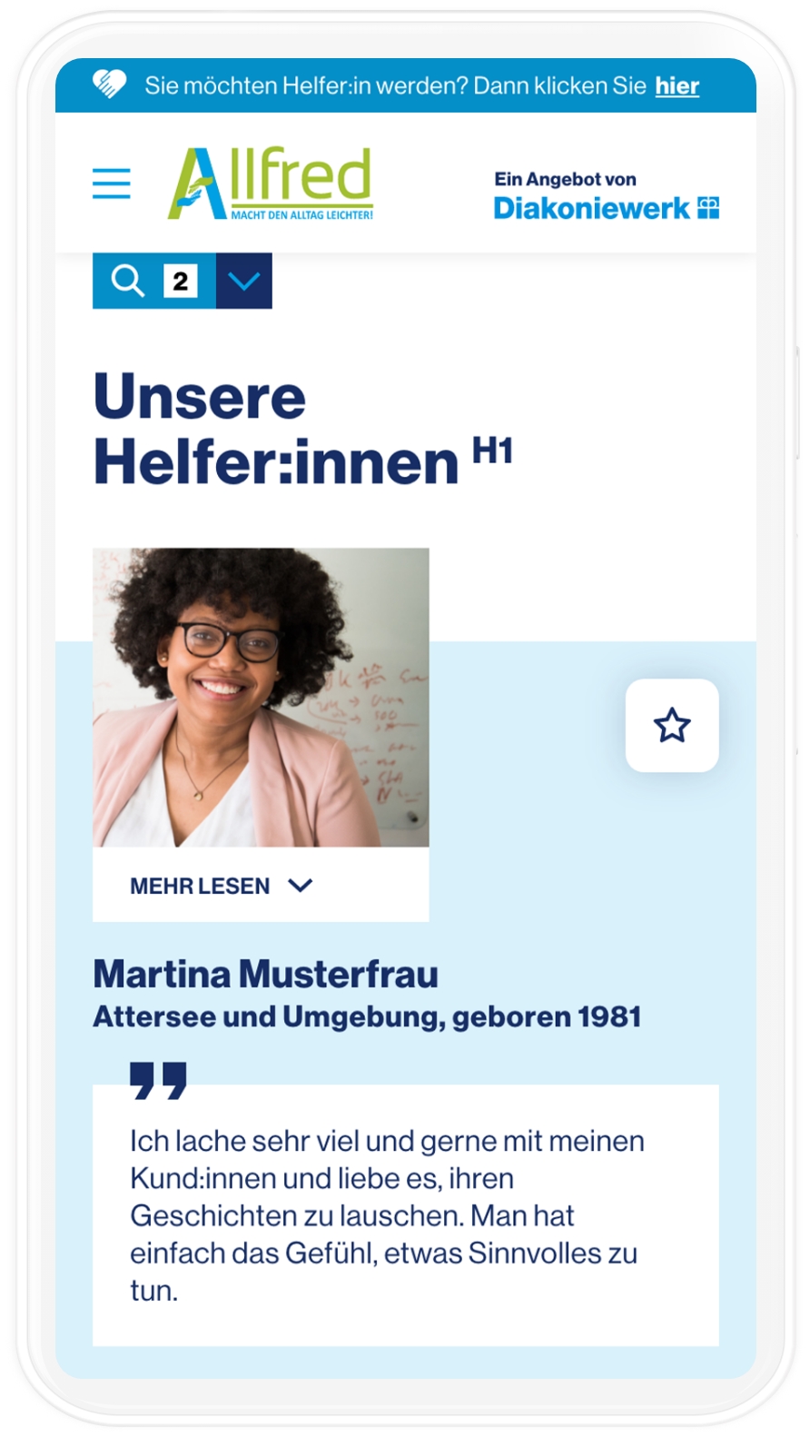 mobiles Mockup der Helfer:innen Übersicht in der Allfred App