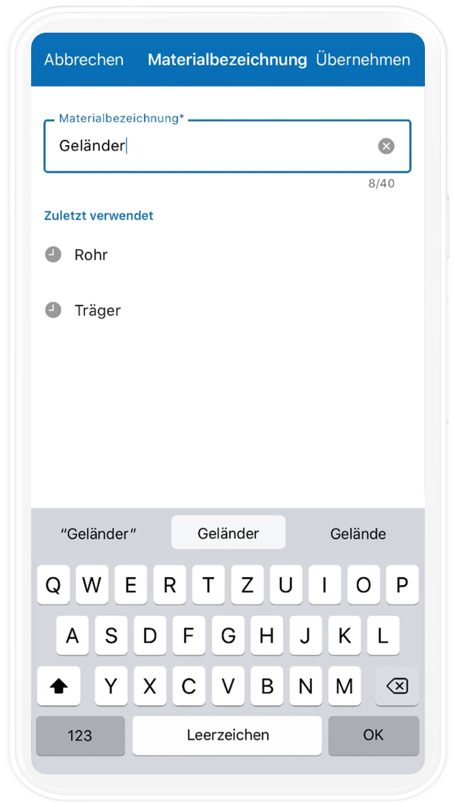 mobiles Mockup der Materialbezeichnung in der Collini App