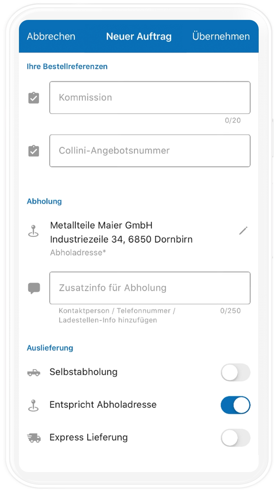 mobile mockup of order registration in the Collini app