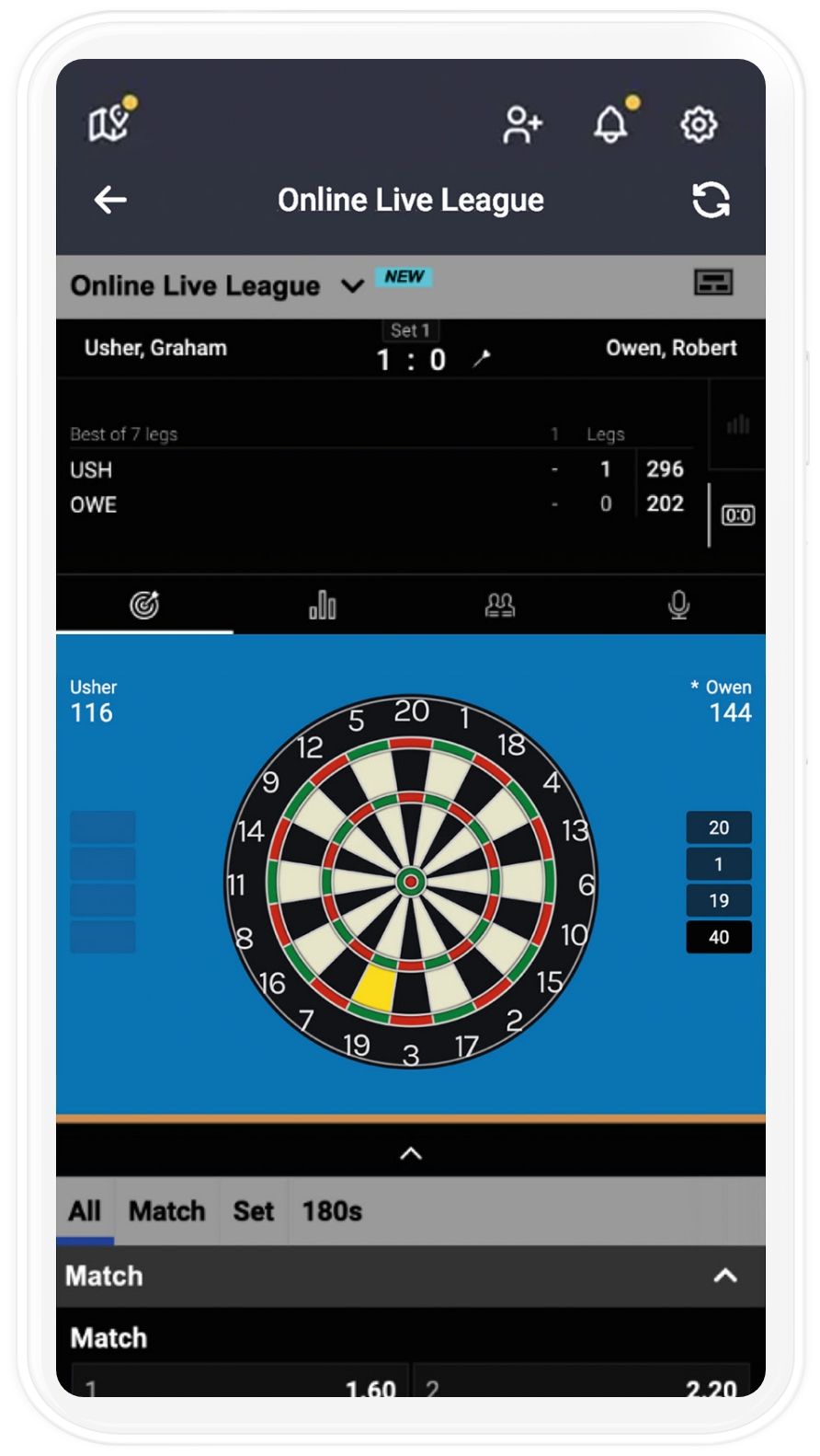 mobile mockup of the Online Live League in the Dart App