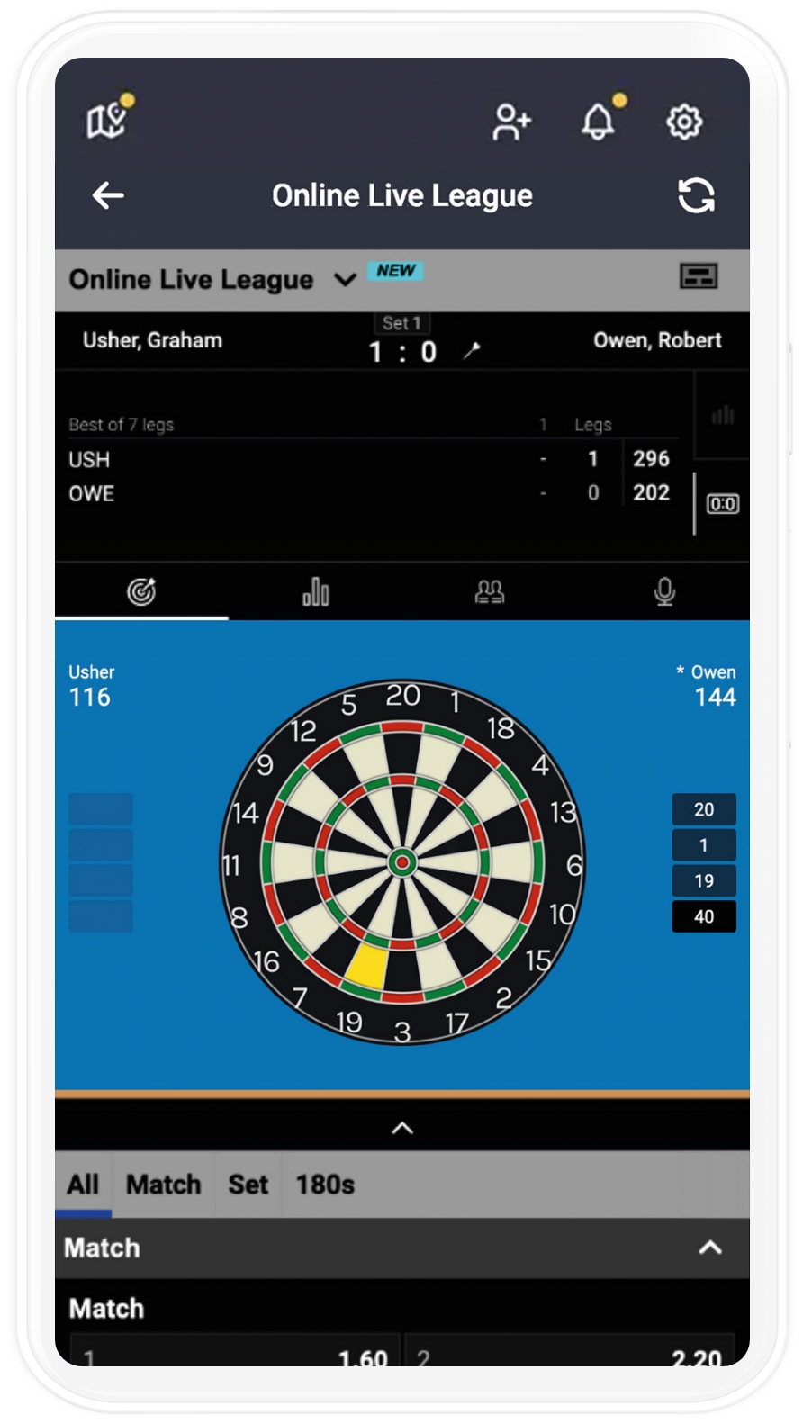 mobiles Mockup der Online Live League in der Dart App