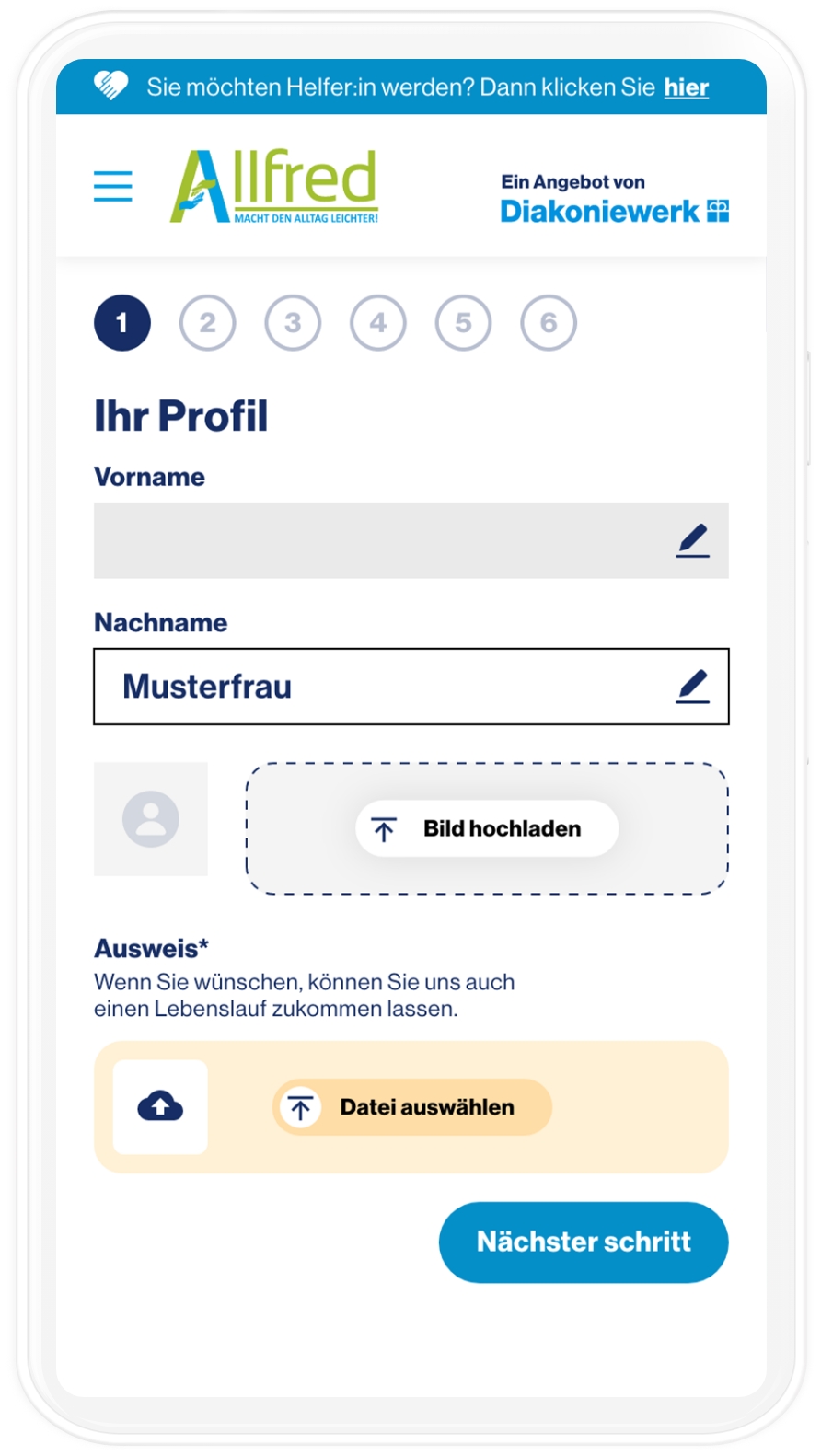 mobiles Mockup der Registrierung in der Allfred App