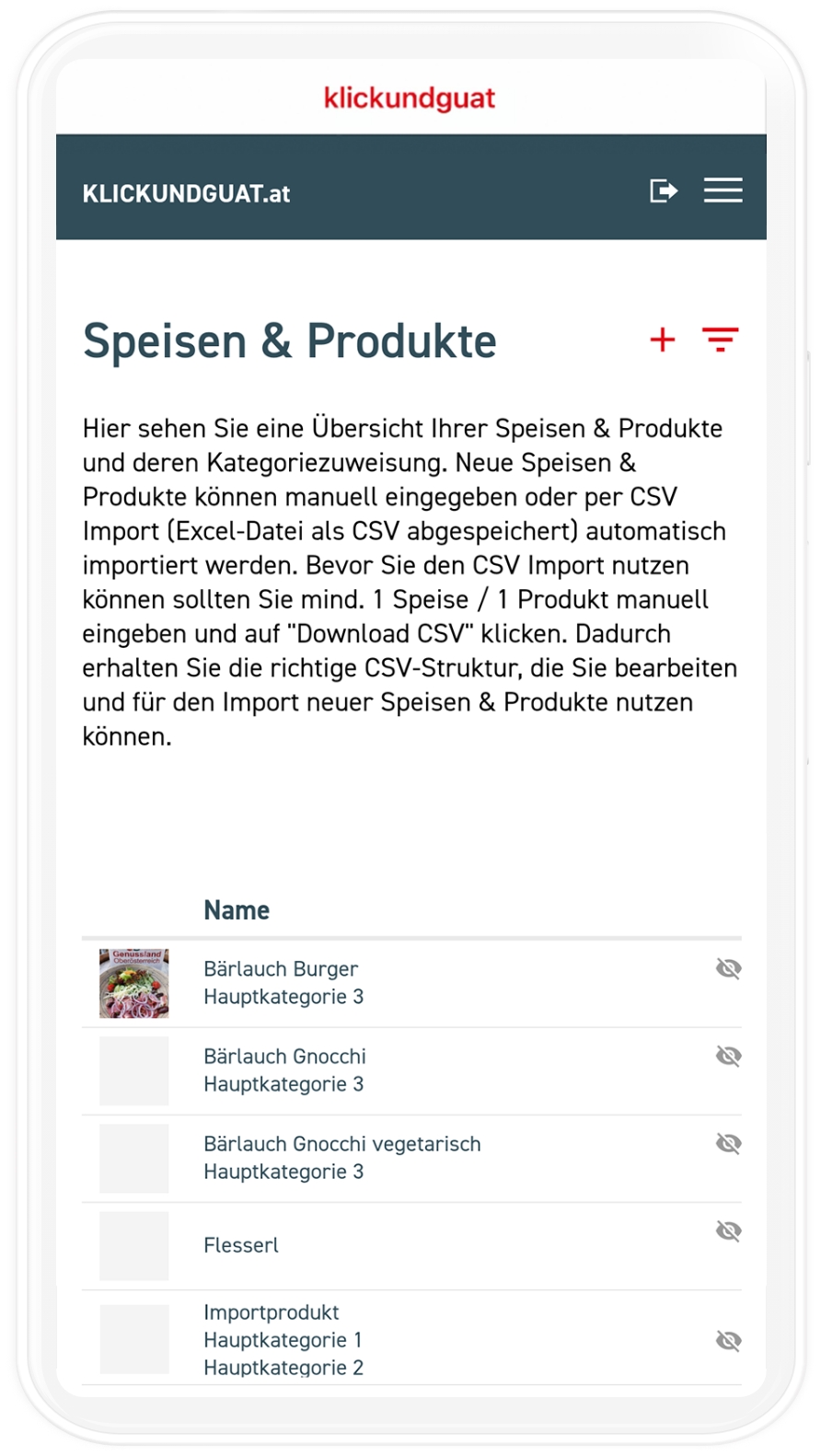 mobiles Mockup der Speisen und Produkte in der Klickundguat App