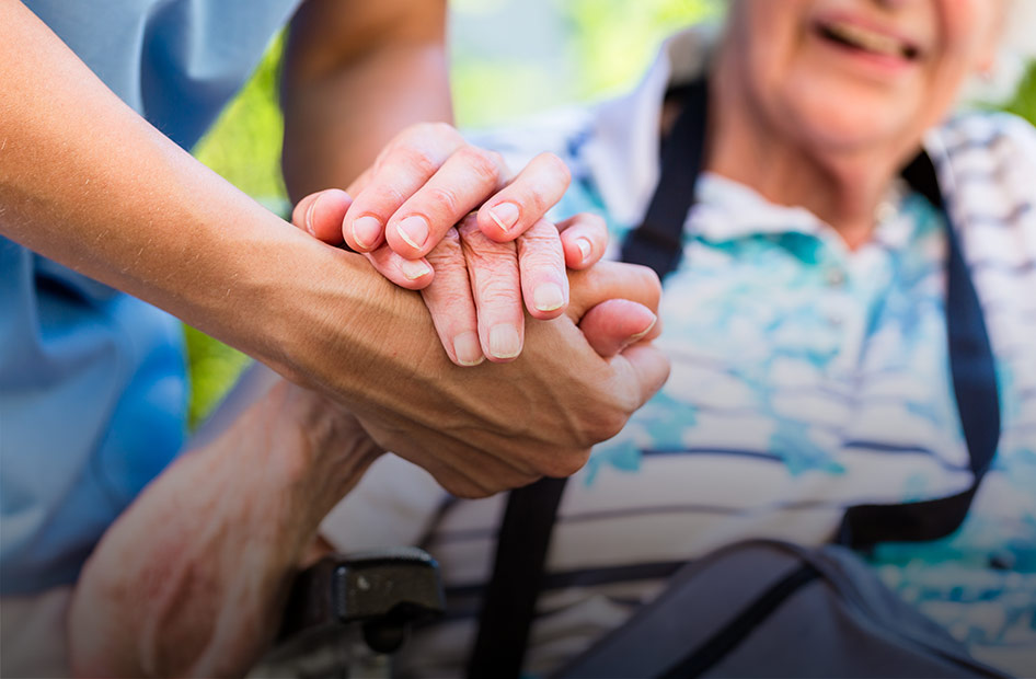 Two people shake hands.