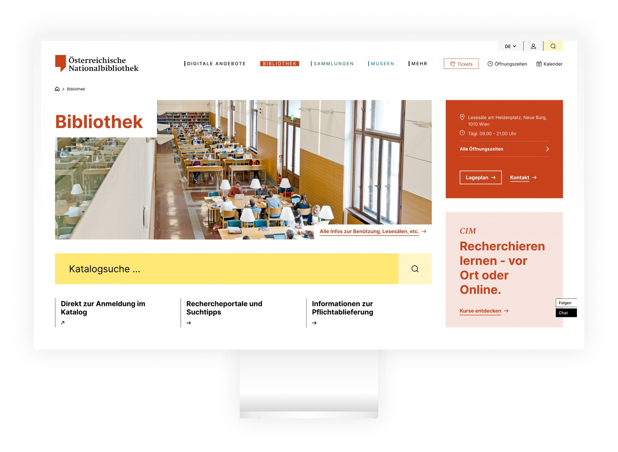 Desktop-Mockup der Bibliotheks-Startseite der Österreichischen Nationalbibliothek