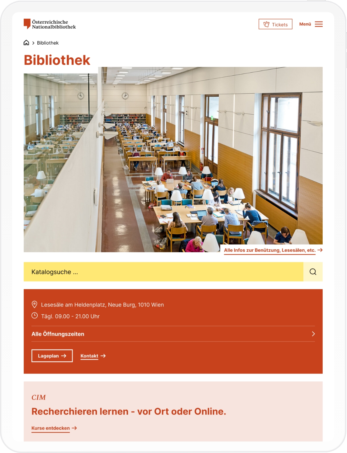 Mobiles -Mockup der Bibliotheks-Startseite der Österreichischen Nationalbibliothek