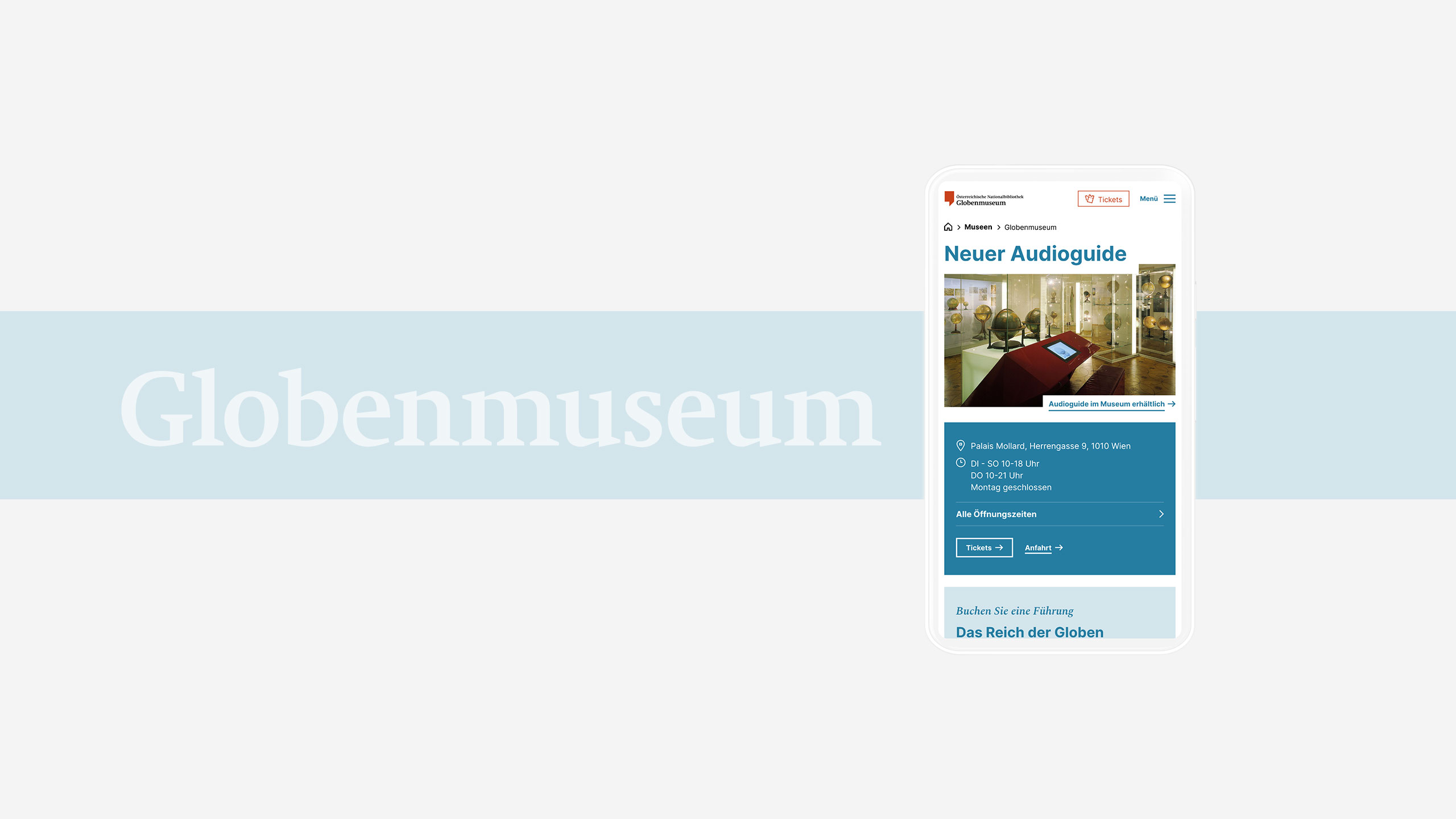 Ein mobiles Mockup der Museums-Seite des Globenmuseums der Nationalbibliothek