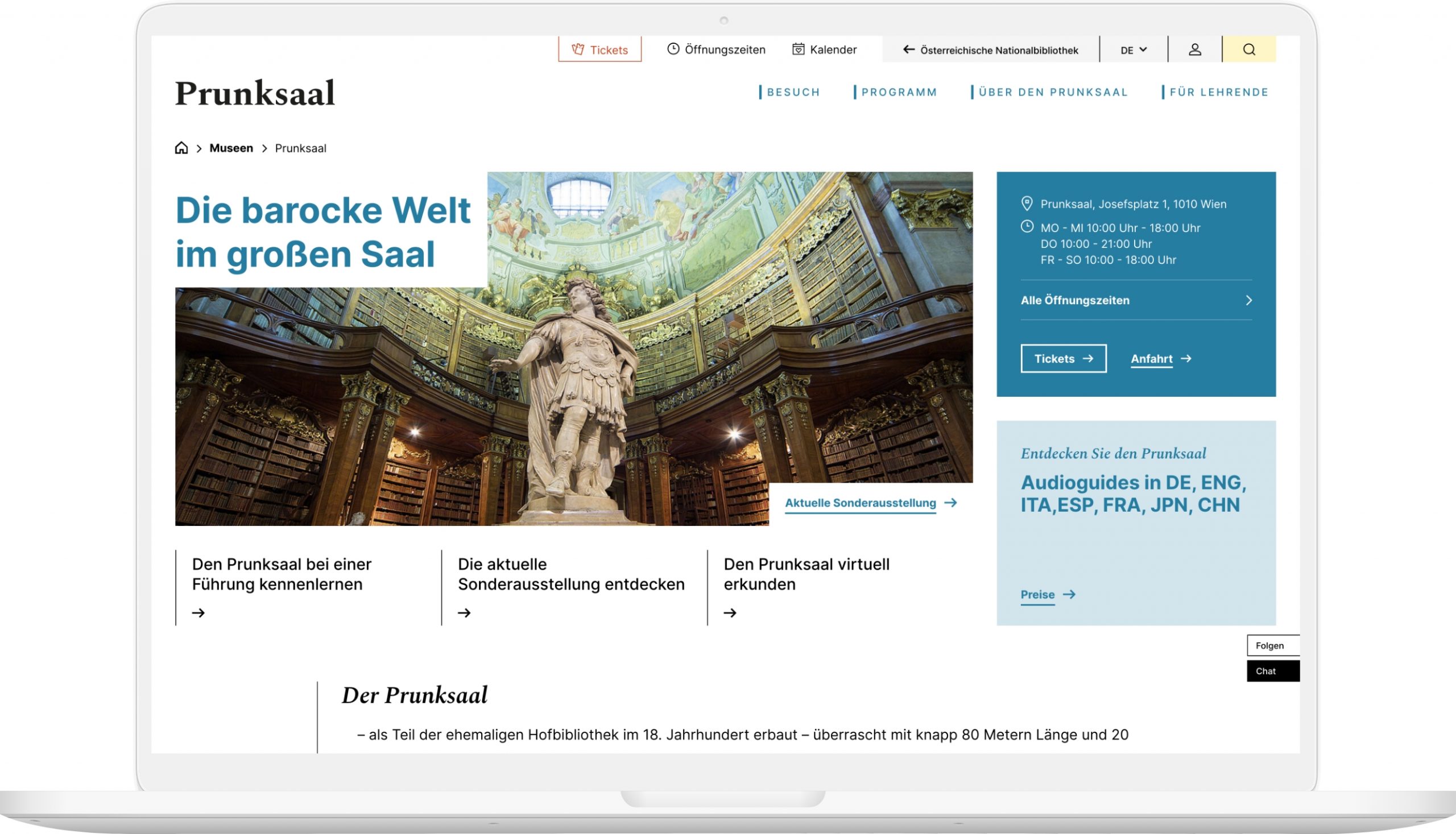 Laptop-Mockup der Museen-Startseite der Österreichischen Nationalbibliothek