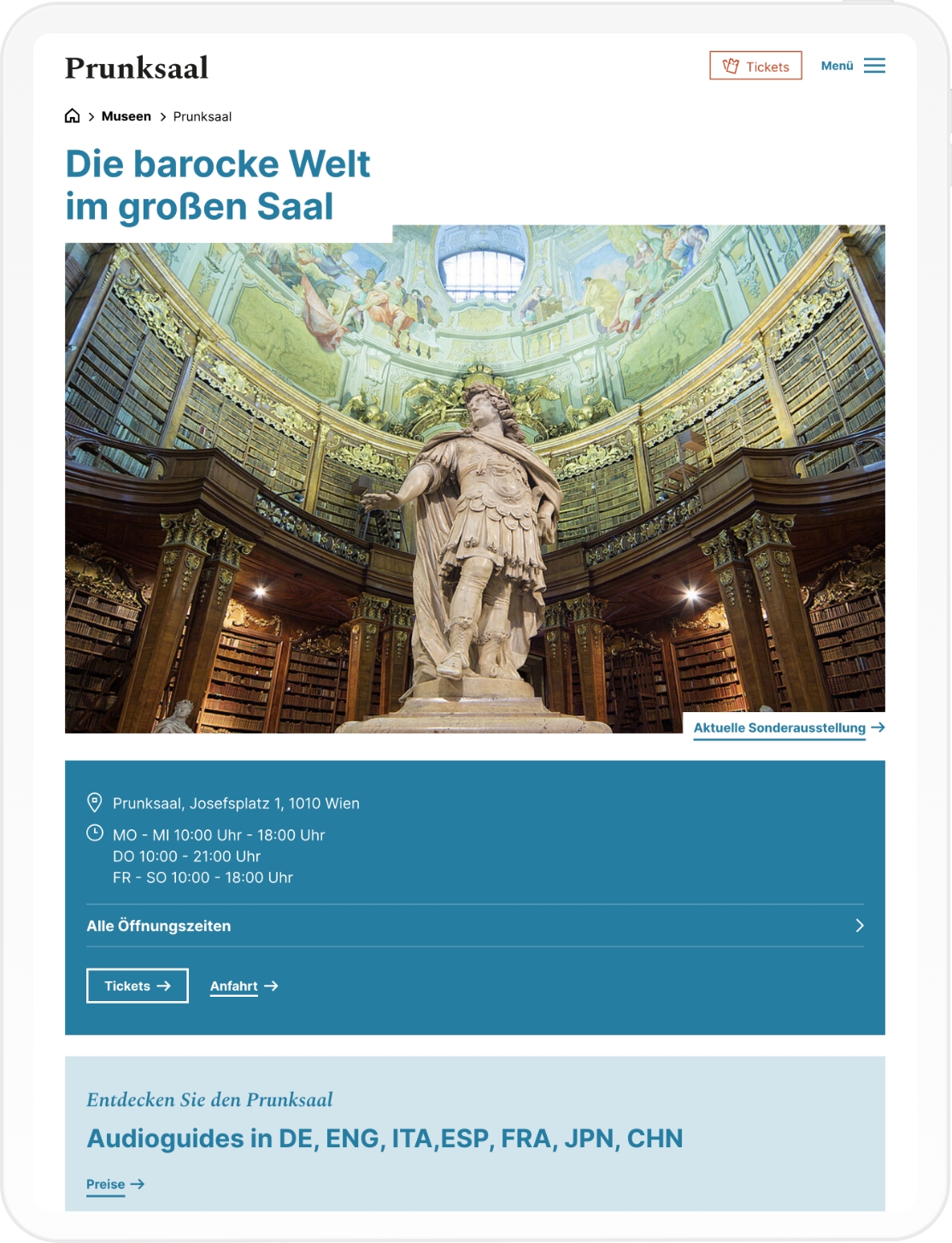 Tablet-Mockup der Museen-Startseite der Österreichischen Nationalbibliothek