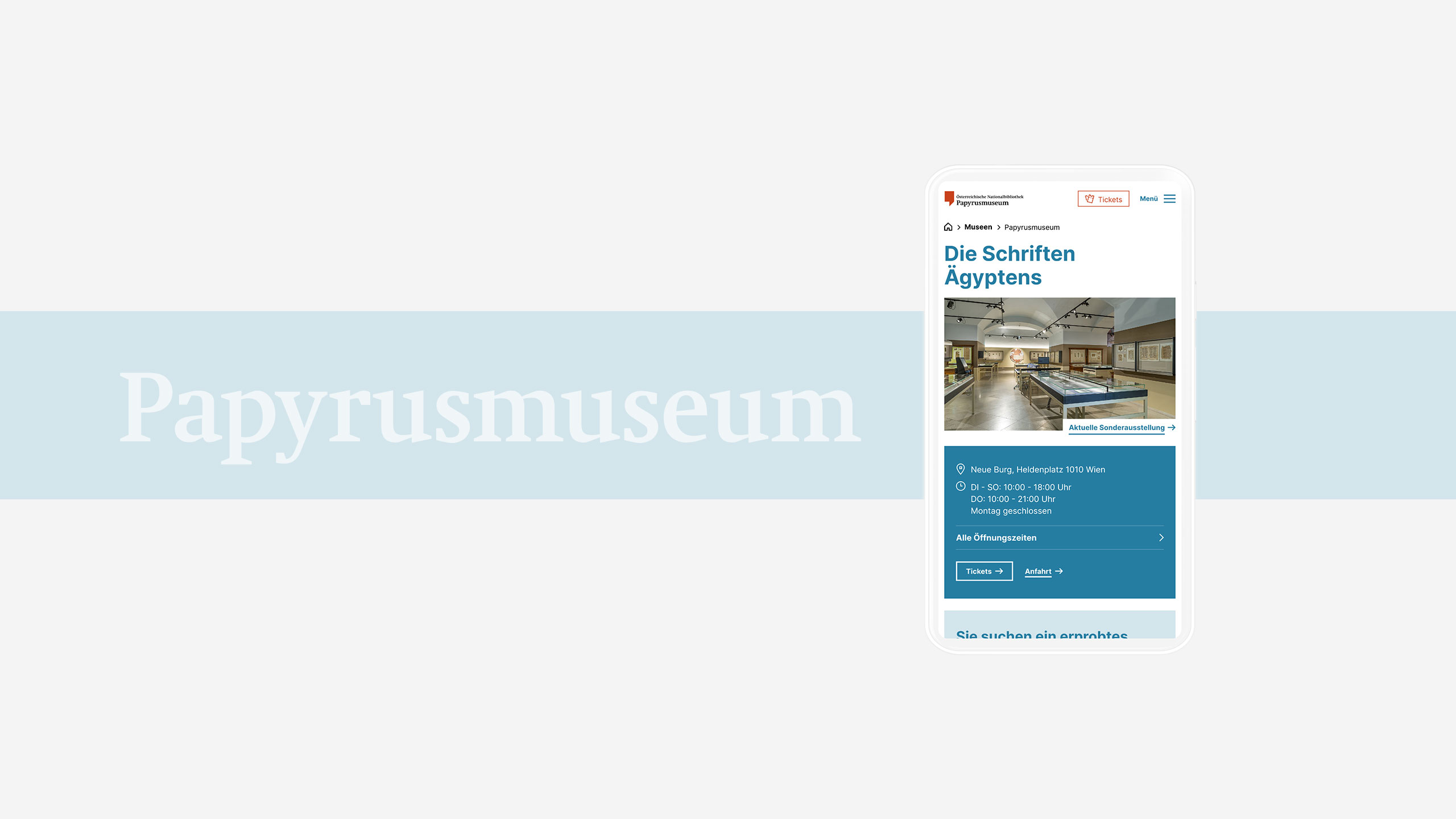 Ein mobiles Mockup der Museums-Seite des Papyrusmuseums der Nationalbibliothek