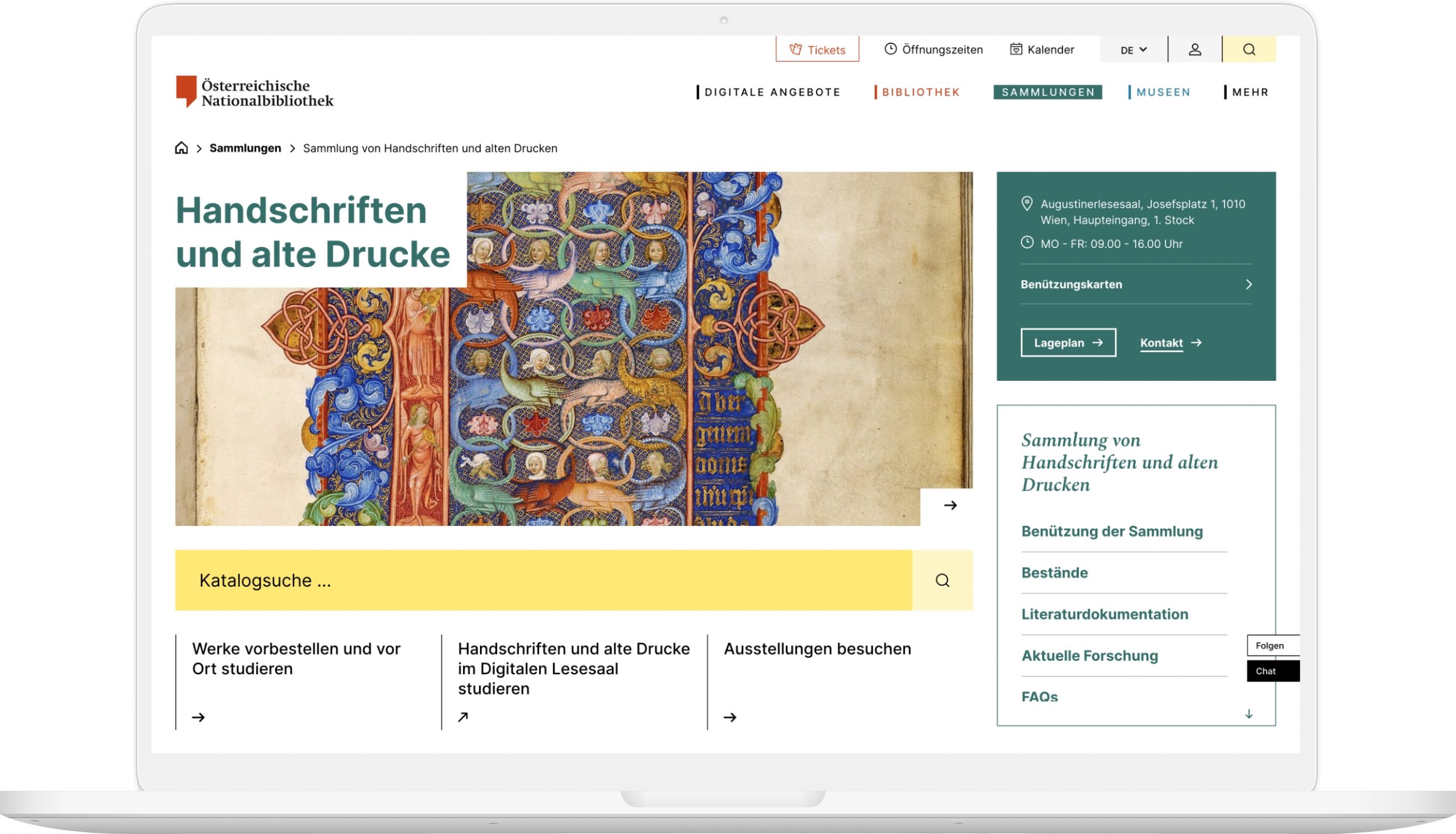 Laptop-Mockup der Sammlungs-Startseite der Österreichischen Nationalbibliothek