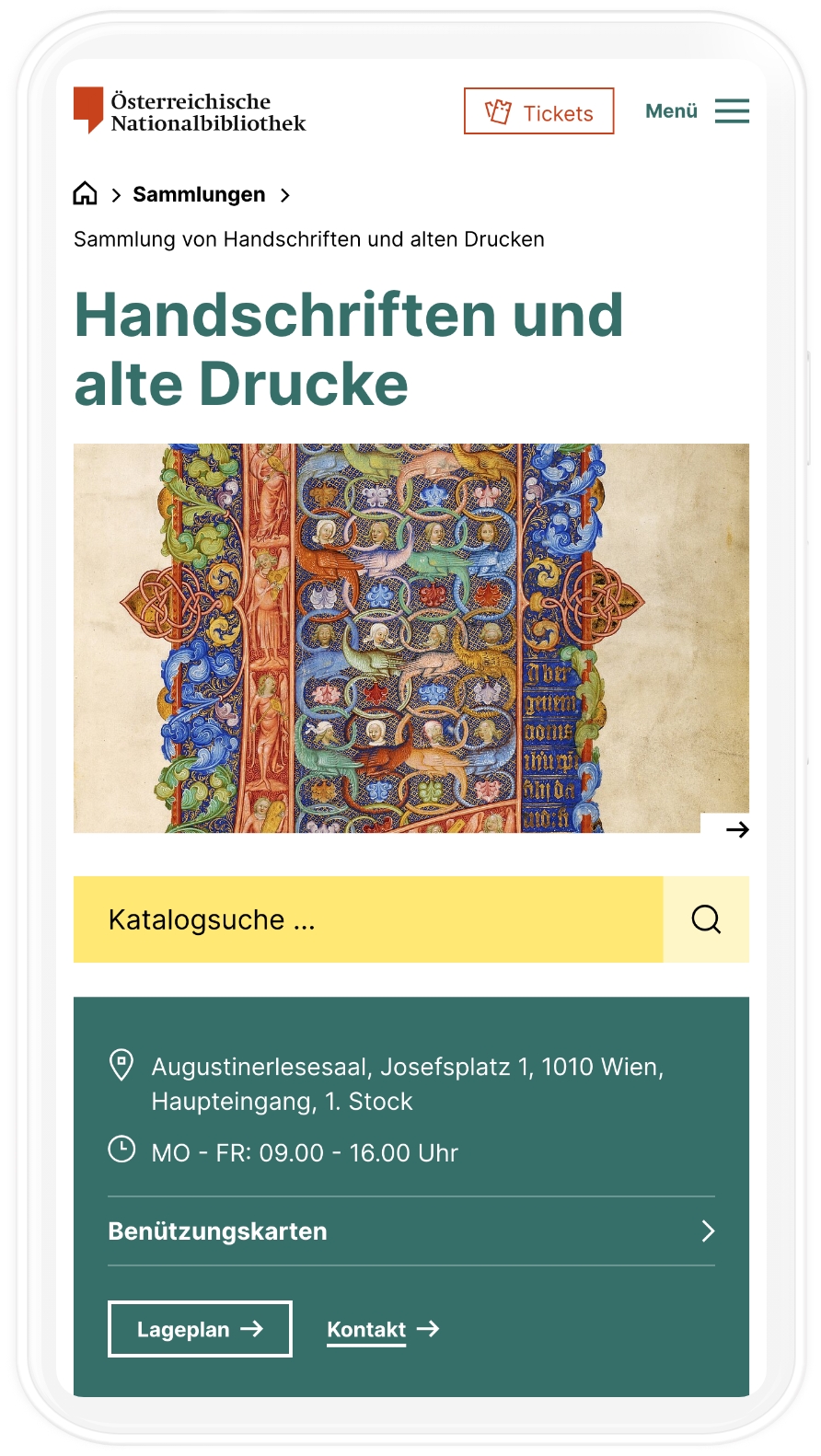 Mobiles-Mockup der Sammlungs-Startseite der Österreichischen Nationalbibliothek