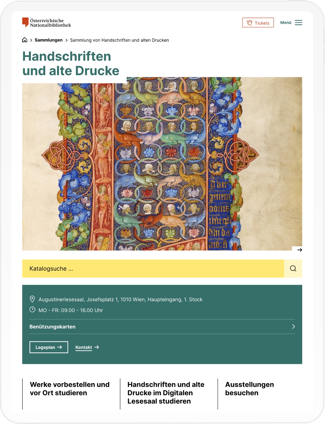 Tablet-Mockup der Sammlungs-Startseite der Österreichischen Nationalbibliothek