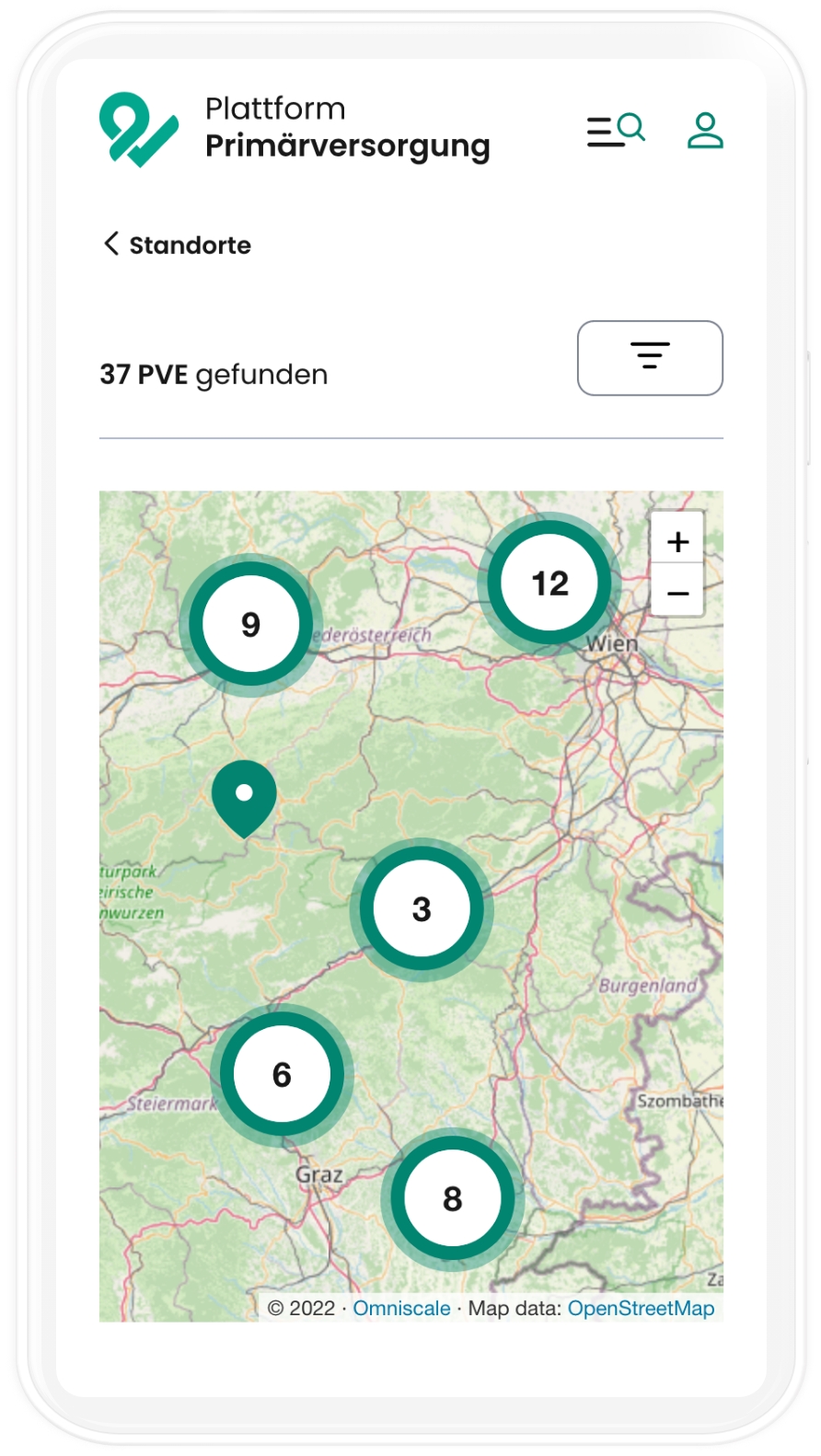 Der Kartenansicht der Plattform Primärversorgung in mobiler Auflösung