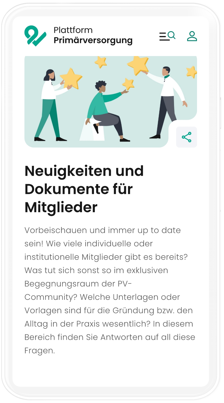 Der Mitgliederbereich der Plattform Primärversorgung in mobiler Auflösung