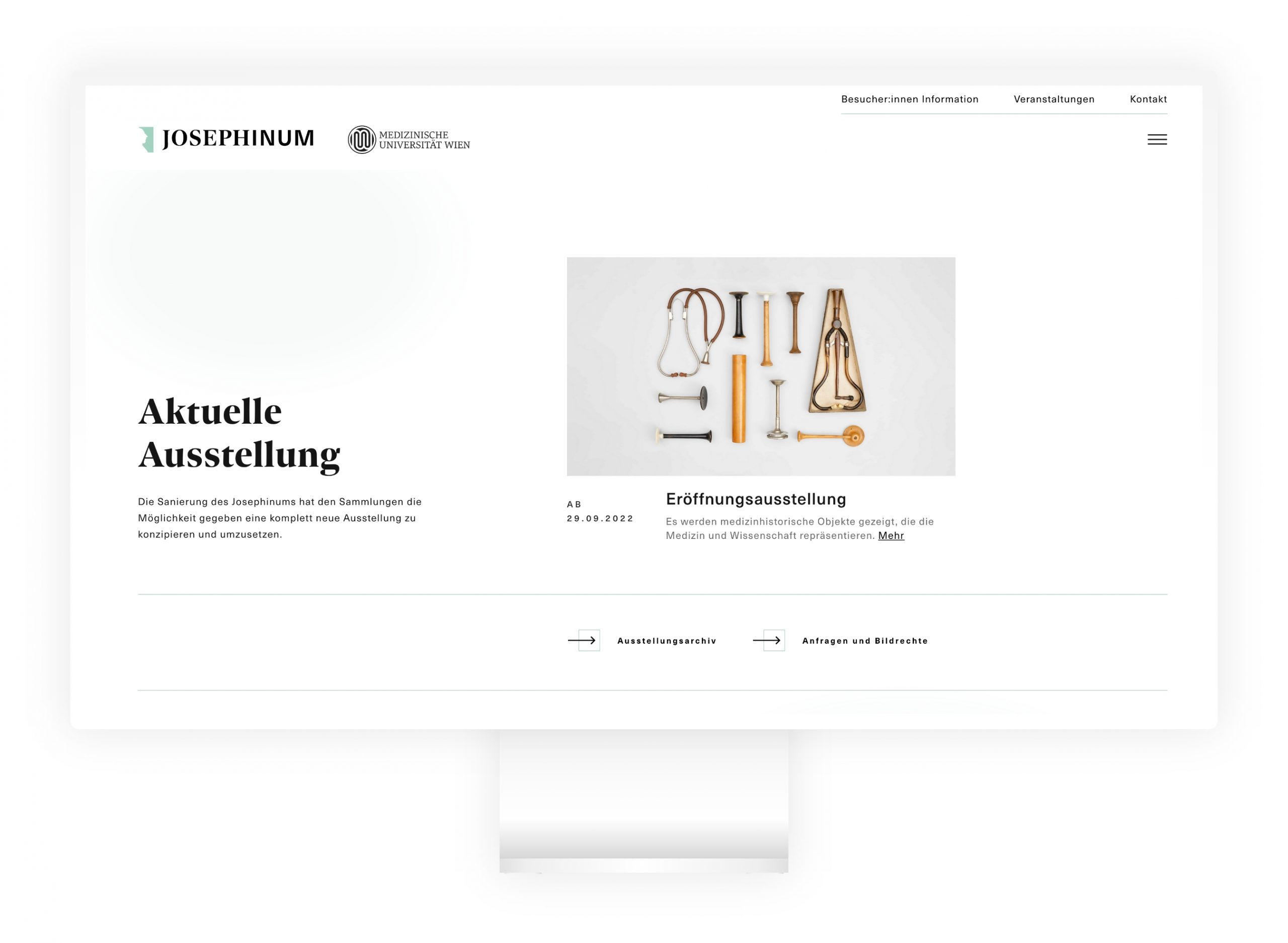 Mockup der Ausstellungen auf der Josehinum Website in Desktop Auflösung