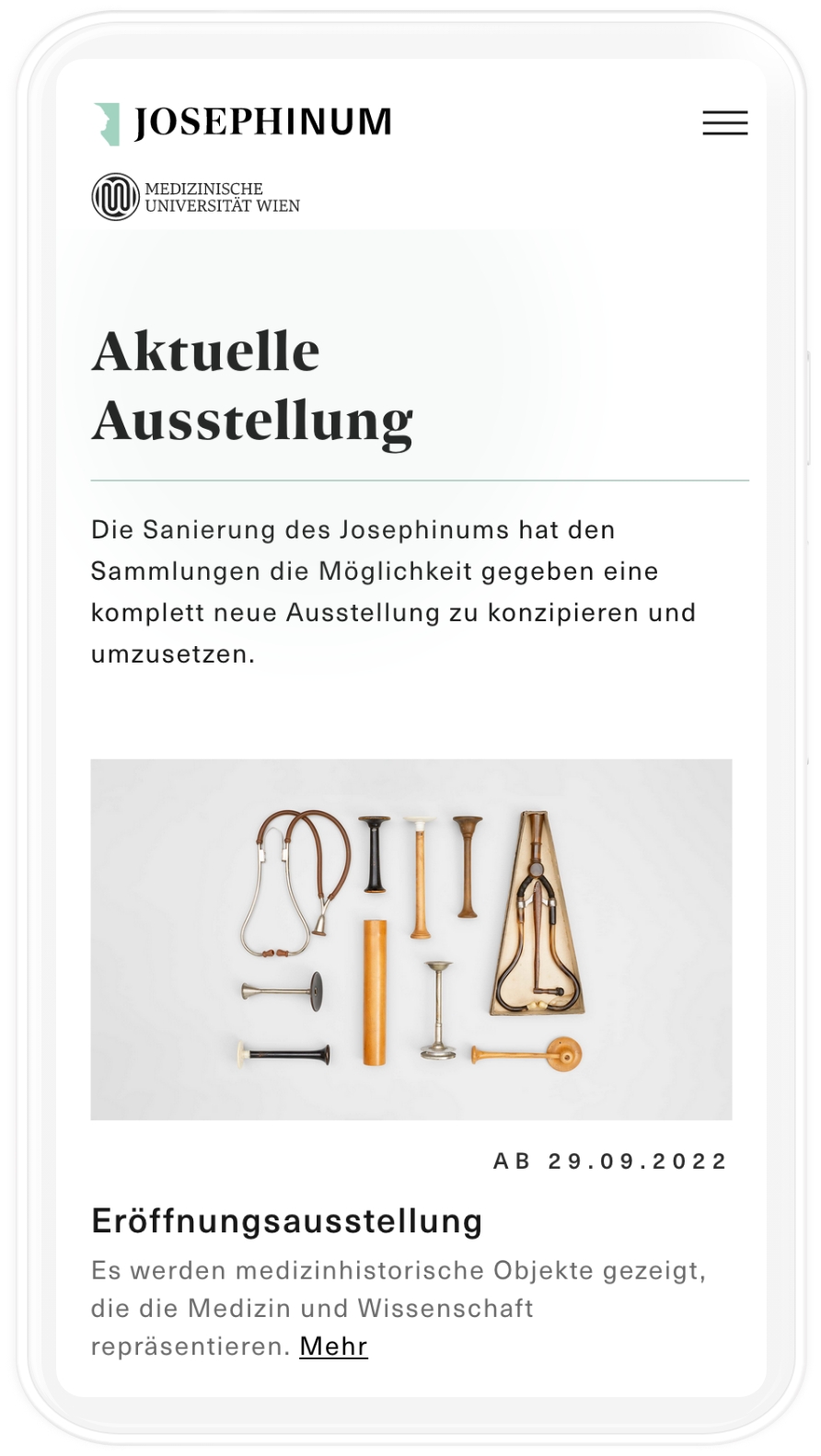 Mockup der Ausstellungen auf der Josephinum Website in mobiler Auflösung