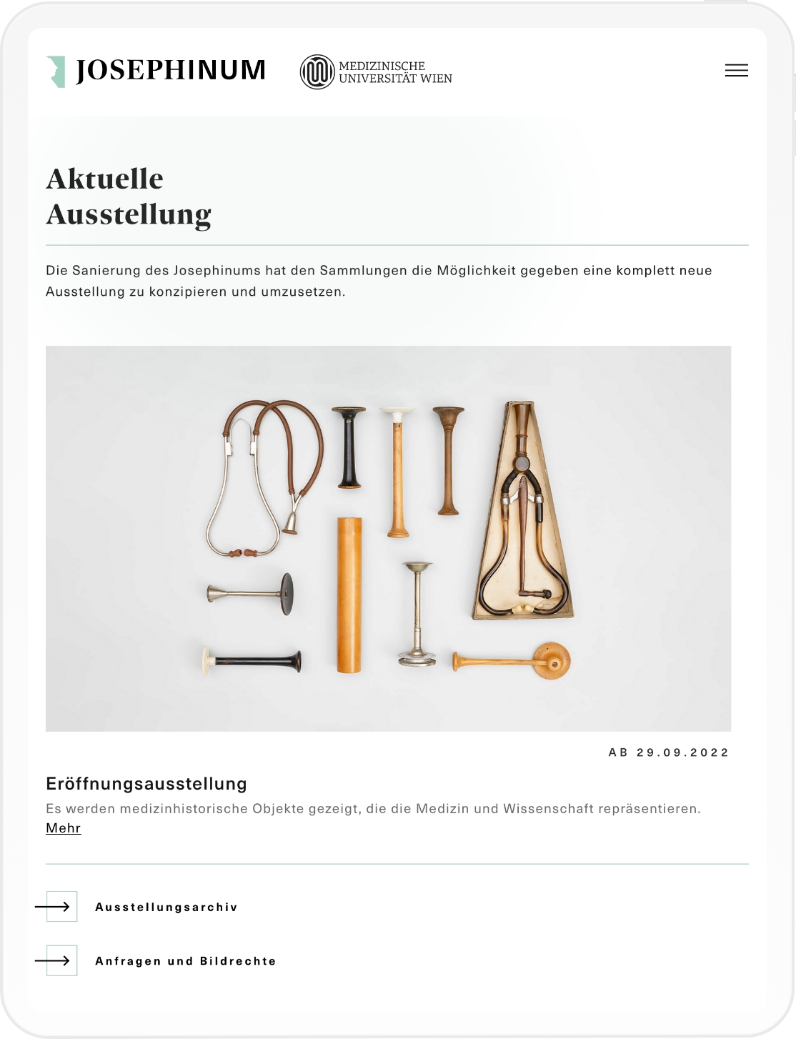 Mockup der Ausstellungen auf der Josehinum Website in Tablet Auflösung