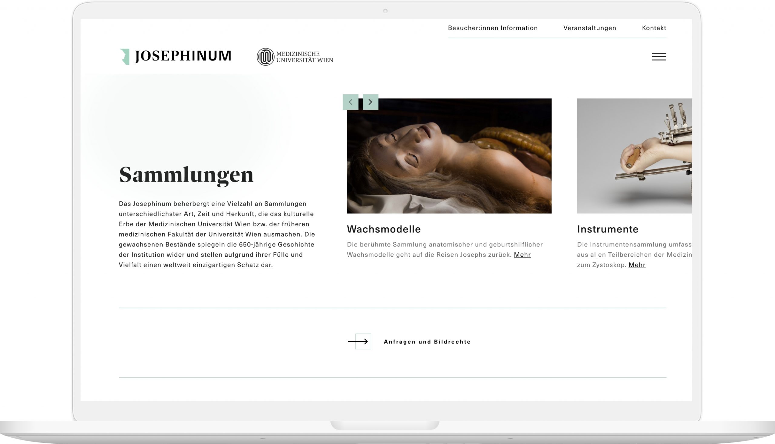 Mockup der Sammlungen auf der Josephinum Website in Laptop Auflösung
