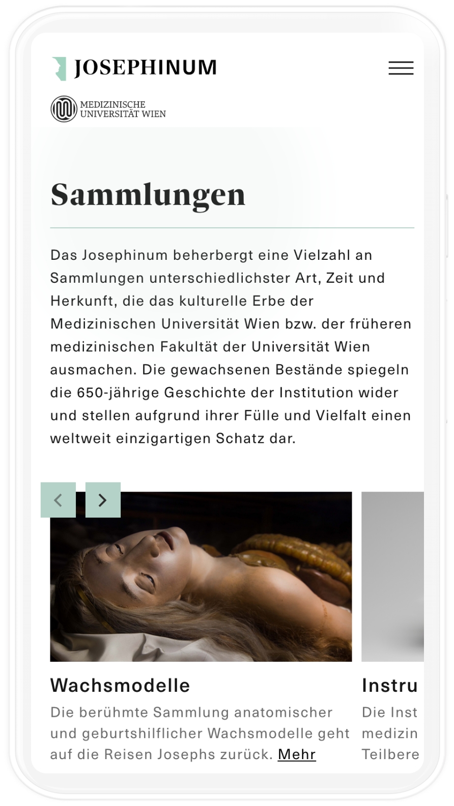 Mockup der Sammlungen auf der Josephinum Website in mobiler Auflösung