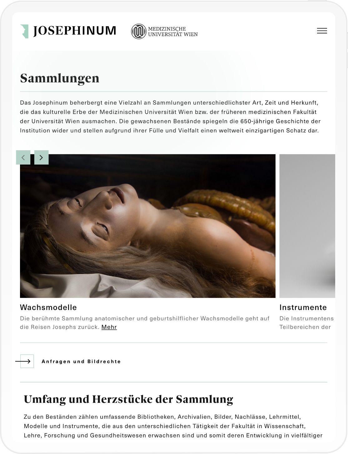 Mockup der Sammlungen auf der Josephinum Website in Tablet Auflösung