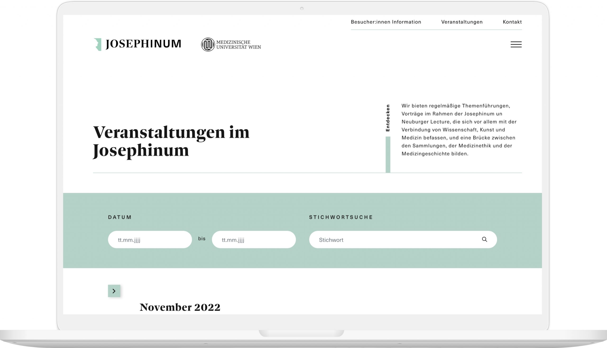 Mockup der Veranstaltungen auf der Josephinum Website in Laptop Auflösung