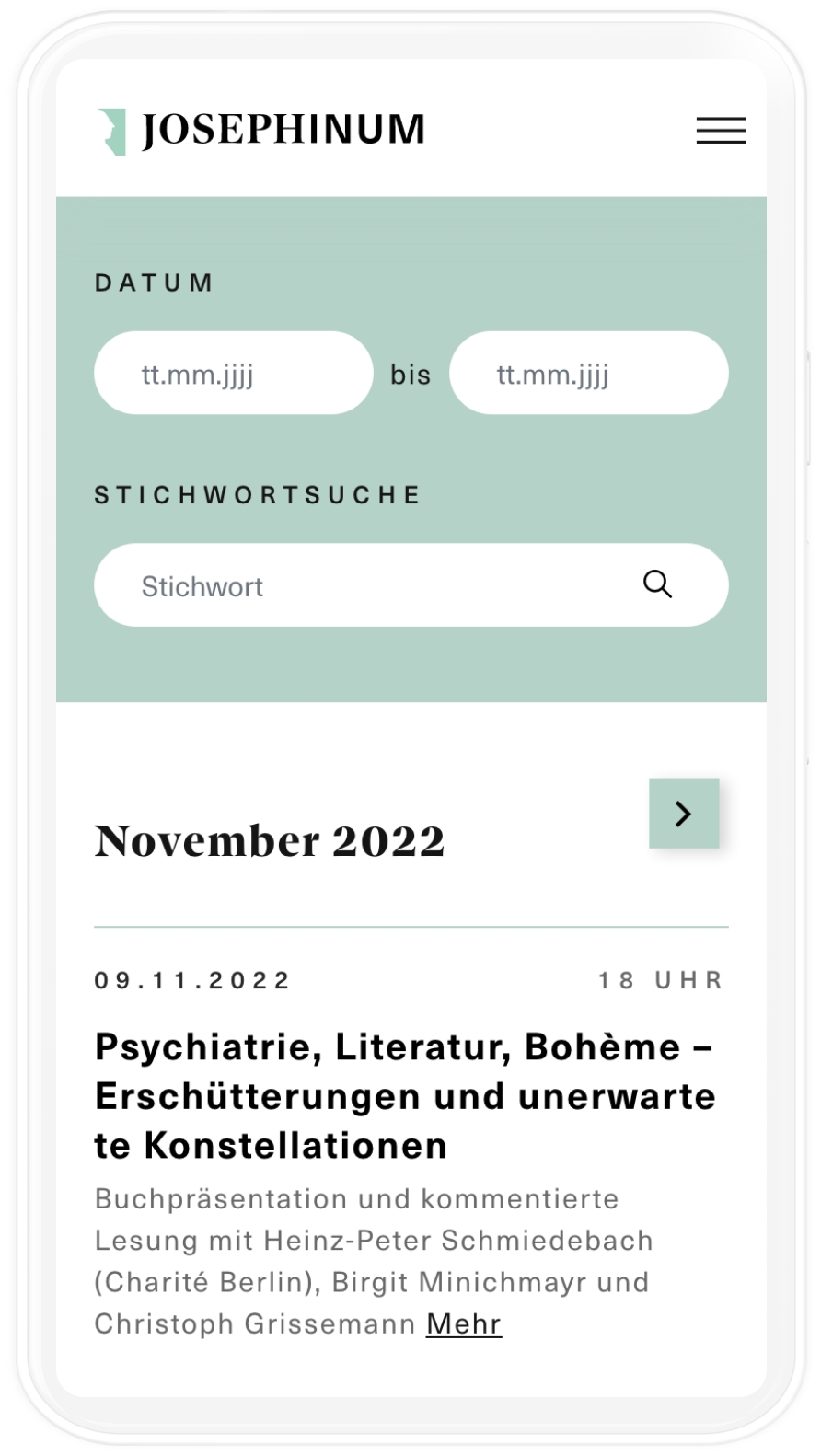 Mockup der Veranstaltungen auf der Josephinum Website in mobiler Auflösung