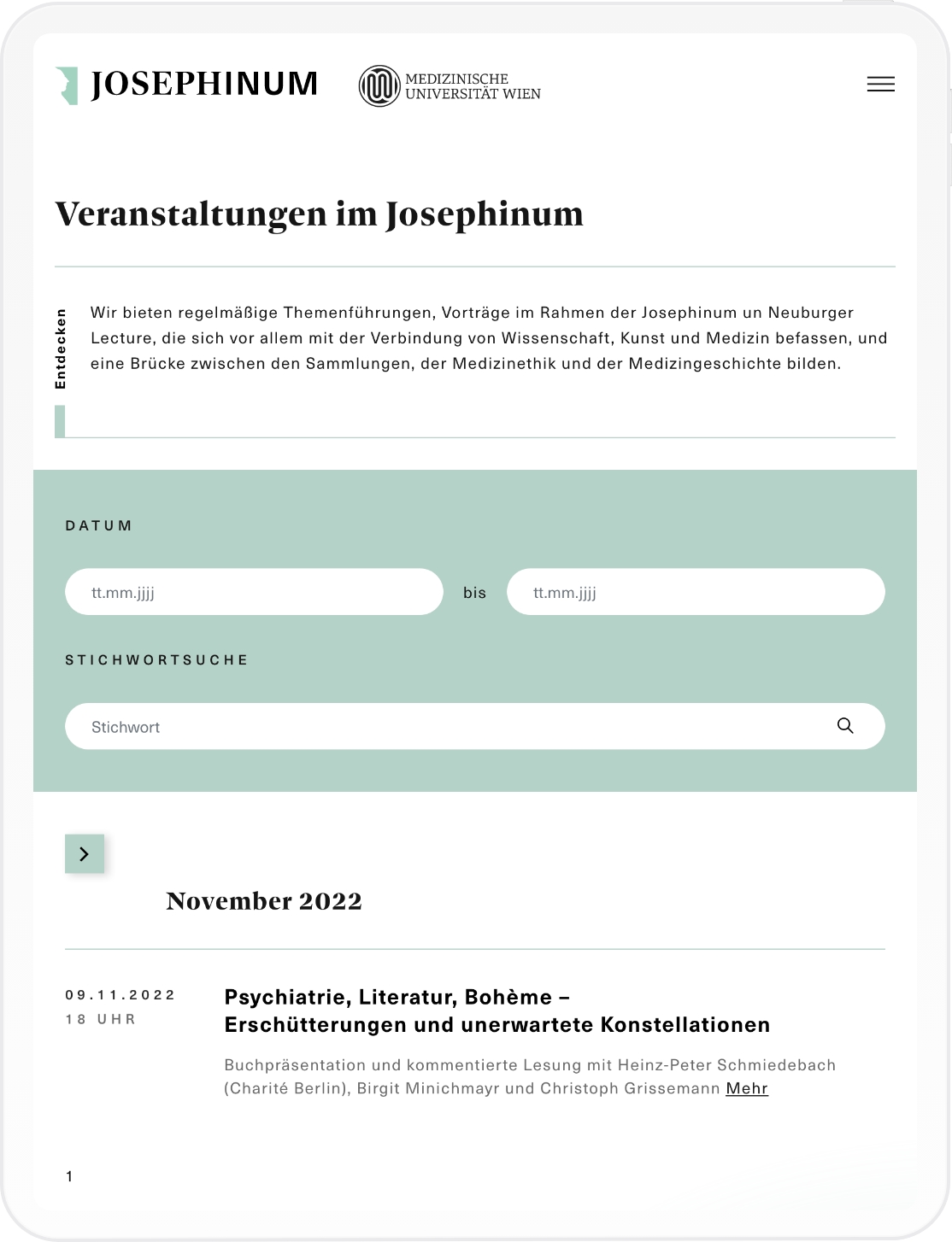 Mockup der Veranstaltungen auf der Josephinum Website in Tablet Auflösung