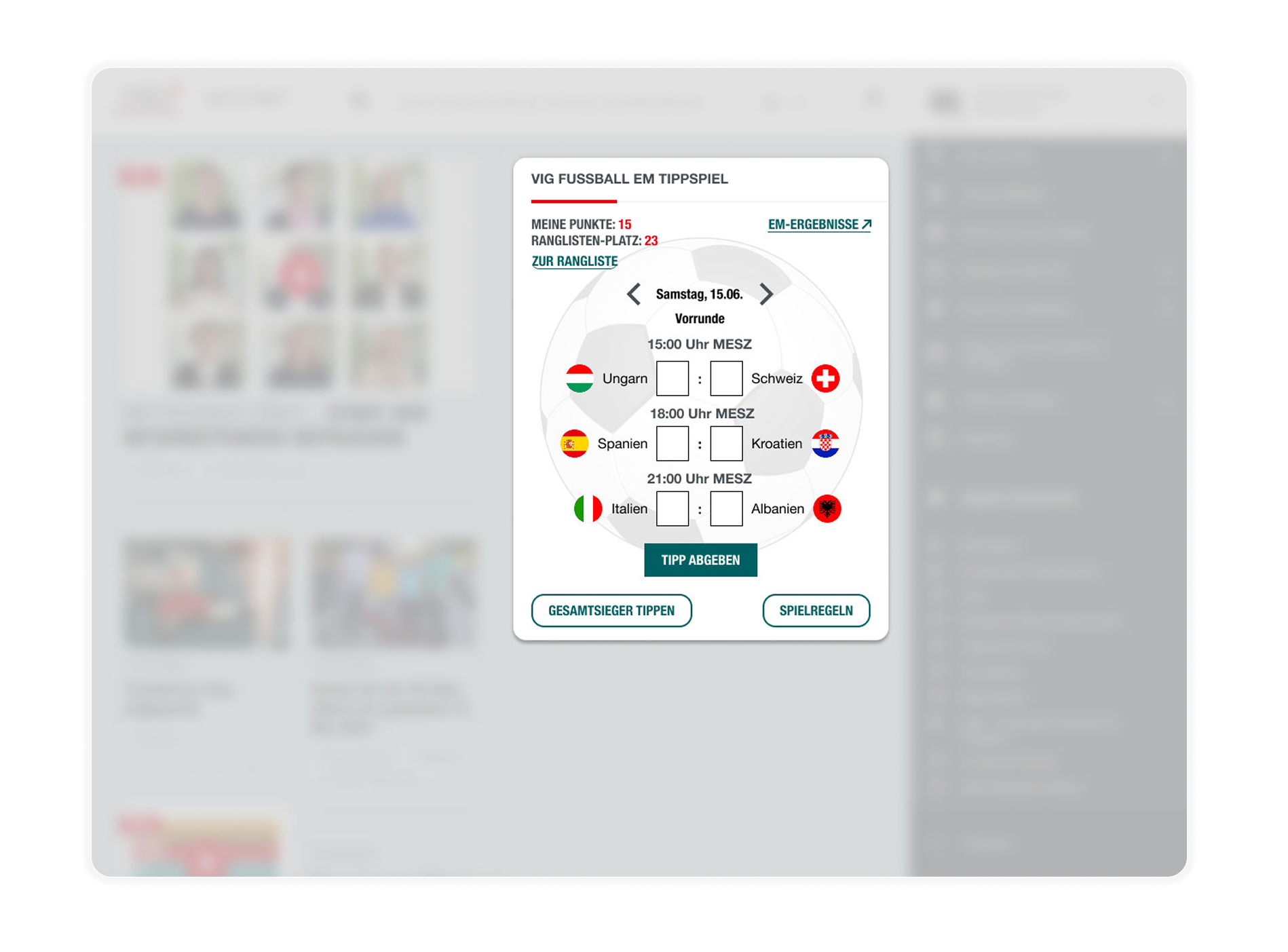 Mockup des VIG Tippspiels in Desktop-Form