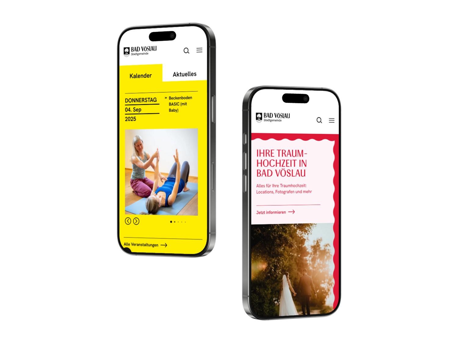 Zwei iPhones, die Screens des Kalenders und einen Teaser zu Hochzeiten in Bad Vöslau zeigen
